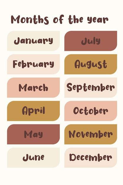 months of the year with different font and colors