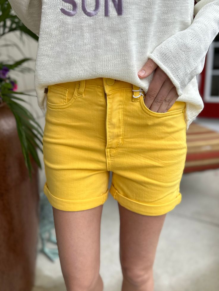 Judy Blue High Waist Tummy Control Shorts in Yellow. FRONT RISE: 11INSEAM:4 / 6 (cuffed/ uncuffed) Material: 93% Cotton, 6% Polyester, 1% Spandex. Notebook Bag, Hair Accessories Jewelry, Jean Leggings, Holiday Collection, Dress Romper, Long Sleeve Sweater, Long Sleeve Tees, Scarf Accessory, Short Dresses