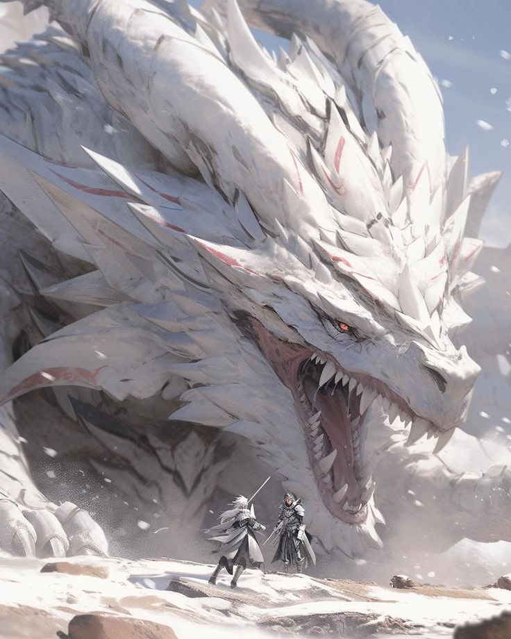 two people standing in front of a large white dragon