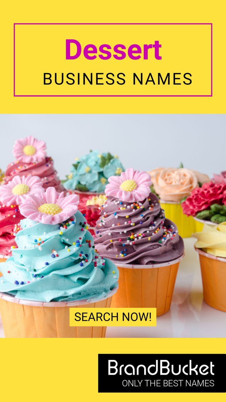 a bunch of cupcakes that are sitting on a table with the words desert business names