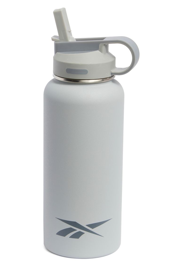 a white water bottle with a metal lid