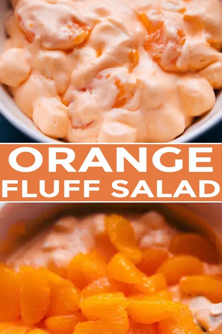 orange fluff salad in a white bowl with the words orange fluff salad above it