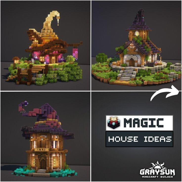 four different images of a house made out of legos and blocks with text reading magic house ideas