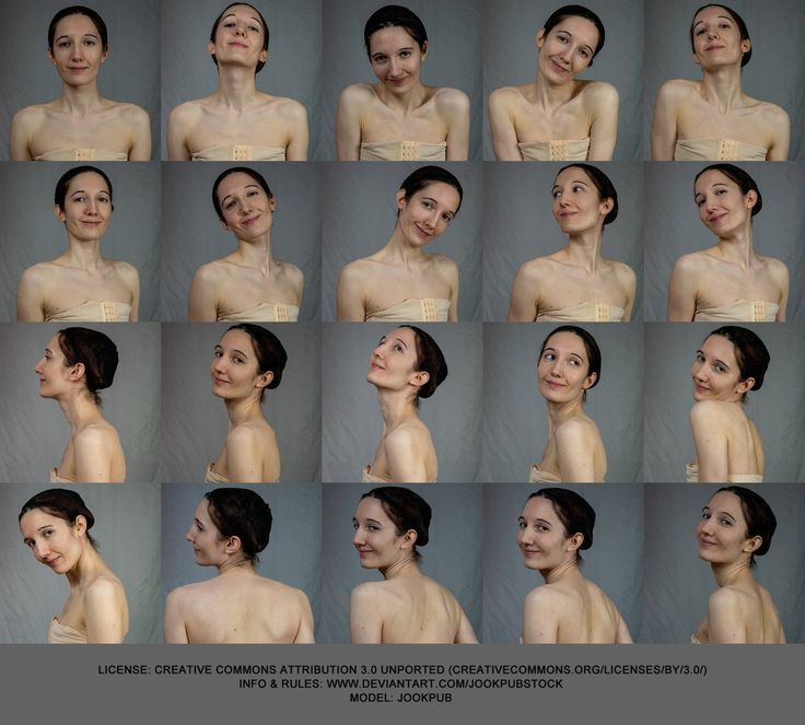 many different pictures of a woman's face and neck with various expressions on her body