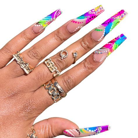 Aesthetic Christmas Nails, Bright Acrylic Nails, Nail Designs Bling, 90s Nails, Back To The 90's, Nails Rainbow, Gold Acrylic Nails, Nails Design With Rhinestones, Her Nails