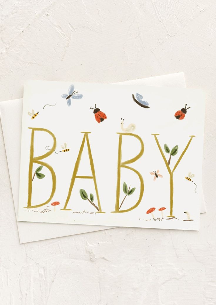 A greeting card with small cute bug print reading BABY in large text. New Baby Watercolor Card, Watercolour Baby Card, Note Cards Ideas, Baby Shower Watercolor Card, Baby Watercolor Card, Watercolour Crafts, Watercolor Baby Cards, New Baby Cards Handmade, Baby Shower Painting