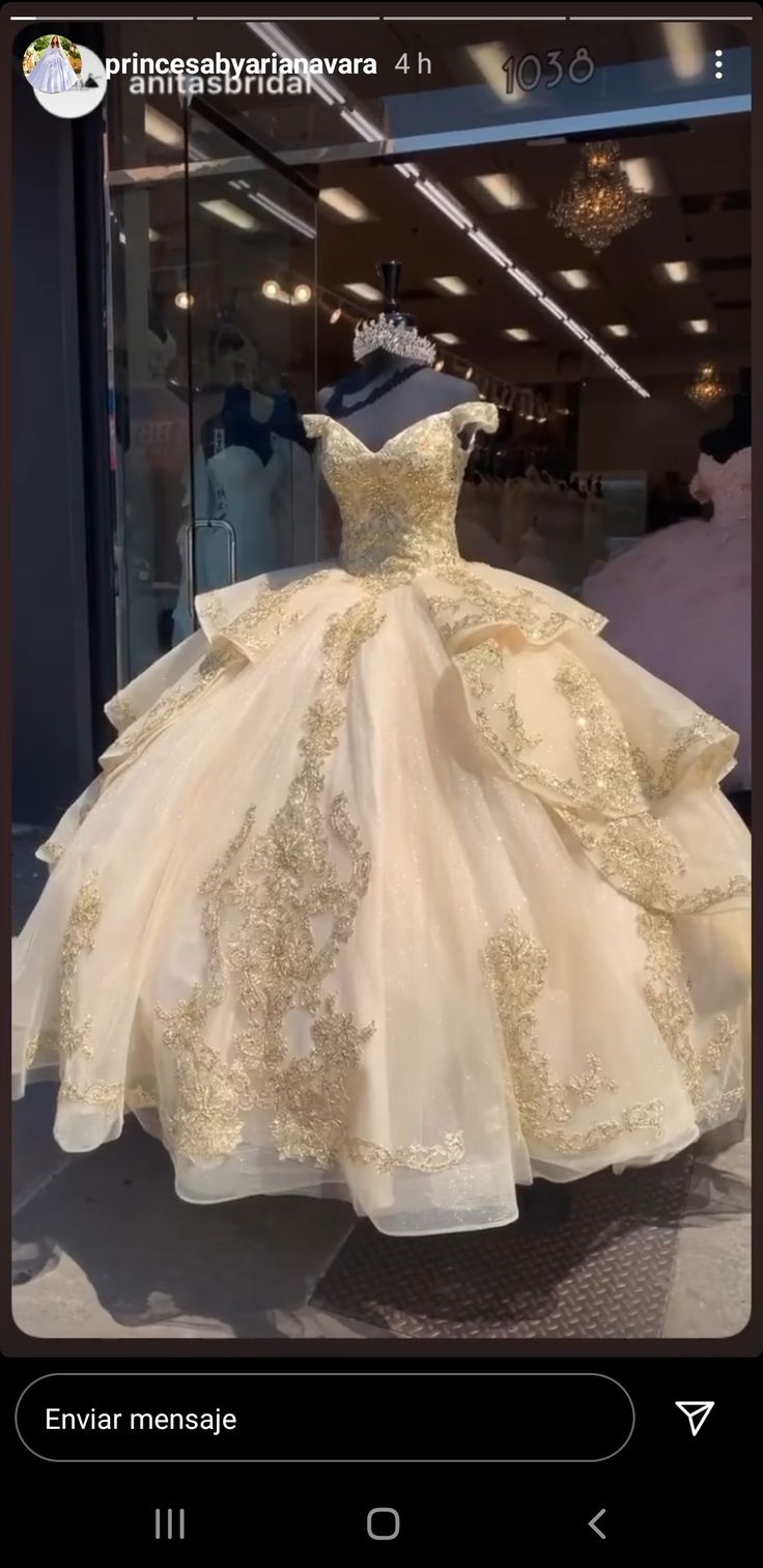 a dress on display in front of a store window with an image of a woman's gown