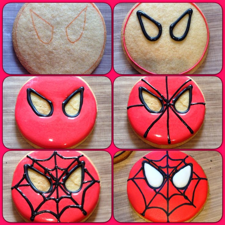 four pictures of decorated cookies with spiderman faces