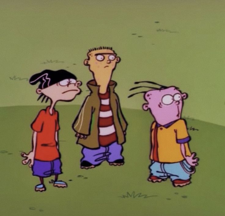 three cartoon characters standing in the grass with one looking at another person's head