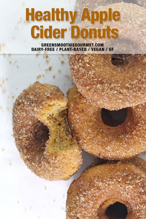 there are four doughnuts stacked on top of each other with the words healthy apple cider donuts above them