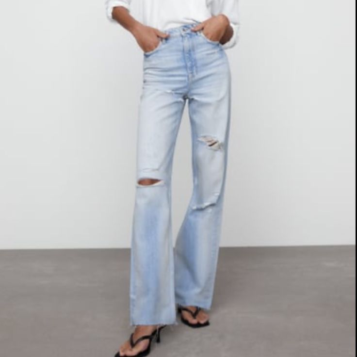 High Rise - Wide Leg - Full Length, Zw Signature Denim Jeans, High-Waisted Jeans With Five Pockets And Wide Full Length Legs Zara High Rise Casual Flare Jeans, Zara High Rise Flare Jeans Casual Style, Zara High Waist Light Wash Jeans, Zara Casual Flare Denim Jeans, Trendy Zara Jeans, Zara Stretch Straight Leg Jeans, Zara Mid-rise Casual Flare Jeans, Zara Light Wash Fitted Jeans, Fitted Light Wash Zara Jeans