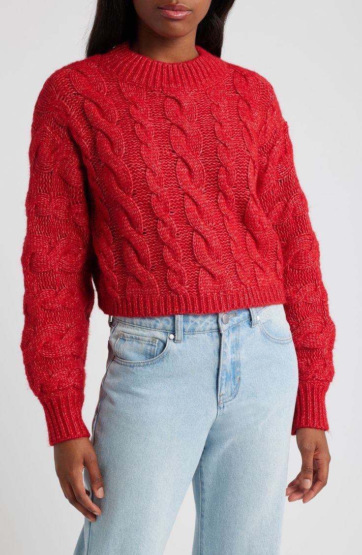 Get cozy in a mock-neck sweater knit with textural cable stitches and fashioned in a slouchy, cropped silhouette. 18" length Mock neck Long sleeves 55% polyester, 18% acrylic, 17% nylon, 10% wool Dry clean Imported Trendy Christmas Outfits, Fall Wardrobe Essentials, Red Fits, Crop Sweater, Knit Crop, Mock Neck Sweater, Sweater Knit, Girls Sweaters, Comfortable Dress