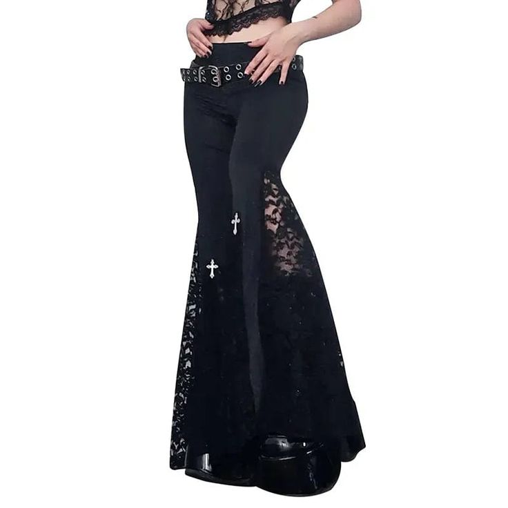 Teonclothingshop Goth Mall wide leg lace pants Hippie Festival Outfit, Gothic Pants, Black Flare Pants, Lace Pants, Grunge Streetwear, Looks Street Style, High Waisted Flares, Lace Patchwork, Streetwear Y2k