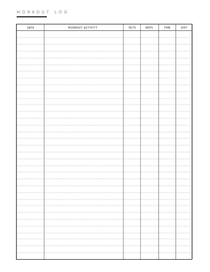 the printable workout log is shown in black and white