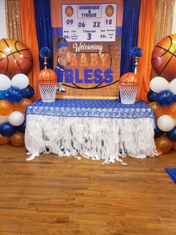 a basketball themed birthday party with balloons and decorations