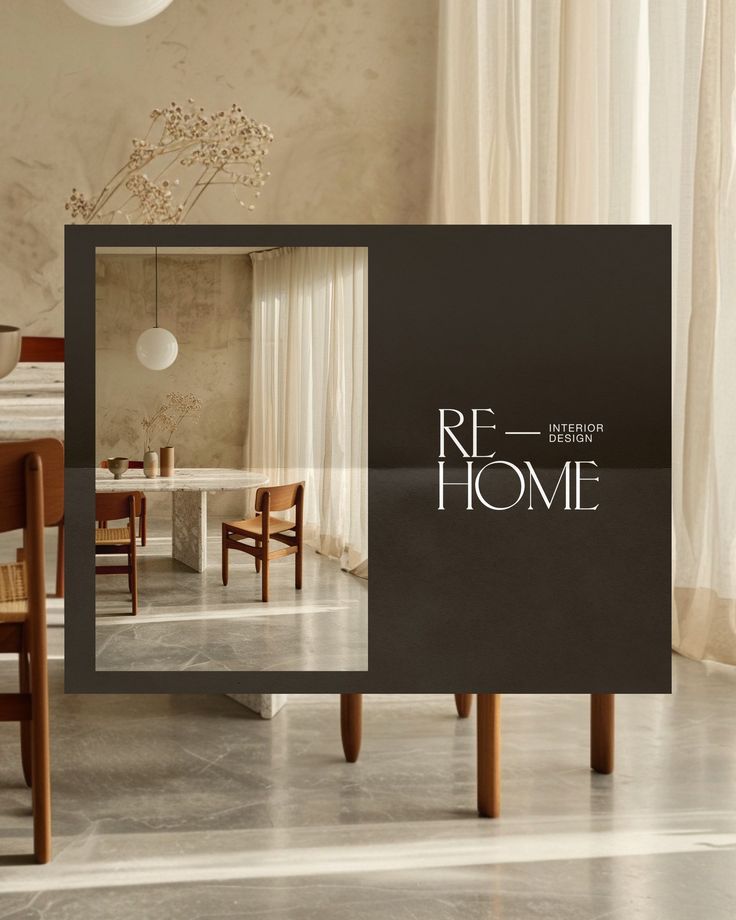 a large mirror with the words re - home on it in front of a dining room table