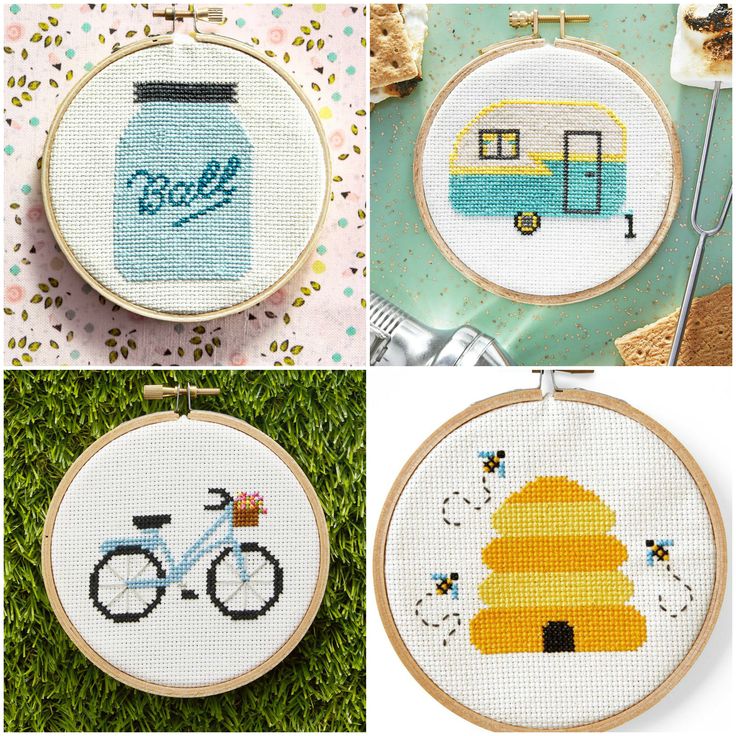 four different cross stitch patterns with the words sale on them and an image of a camper