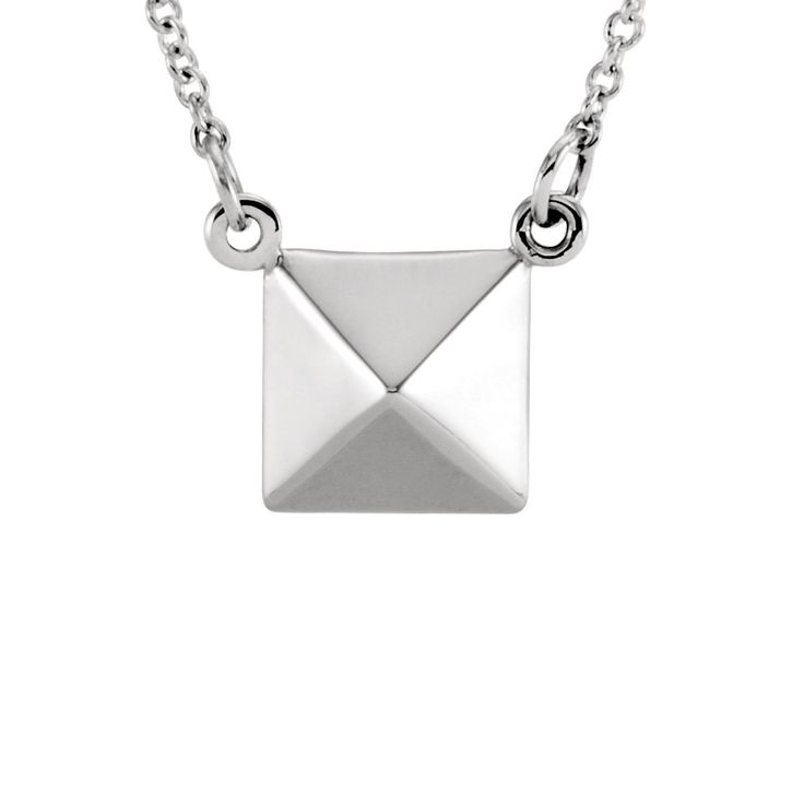 Change up your look with this eye-catching 14k white gold 16.25-inch necklace featuring a polished pyramid design that is approximately 10mm (3/8 inch) square. The attached solid cable chain is 1mm in width and closes with a spring ring clasp. Pyramid Design, Pyramid Necklace, Bow Jewelry, Disc Pendant, Small Pendant, Shell Pendant, Jewelry Companies, Black Bow, Gold Design