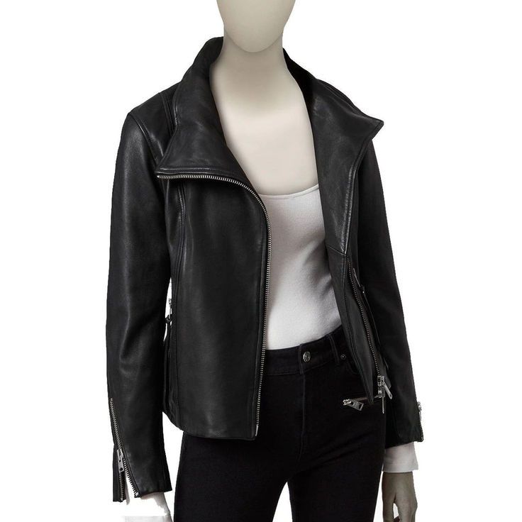 Introcuding unique and gorgeous long collar leather jacket in black which is a blend of bike style with contemporary fashion. Style this long collar jacket with a casual fall outfit like denim pants and a light sweater underneath. The zipper cuffs and full front zipper closure adds more charm to its beauty. What are you waiting for? buy now this amazing long collar leather jacket and enjoy winters in style!! #LongCOllarleatherjacket #Falloutfitswomen #bikerstyle #Mensessential Womens Leather Jacket, Clean Metal, Stylish Leather Jacket, Collar Leather Jacket, Fall Winter Wardrobe, Collar Jacket, Lady Biker, Light Sweater, Black Leather Jacket