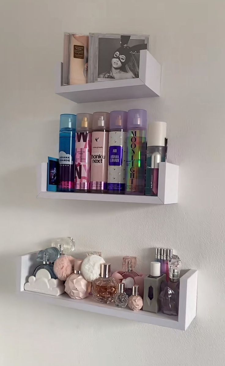 two white shelves filled with different types of beauty products