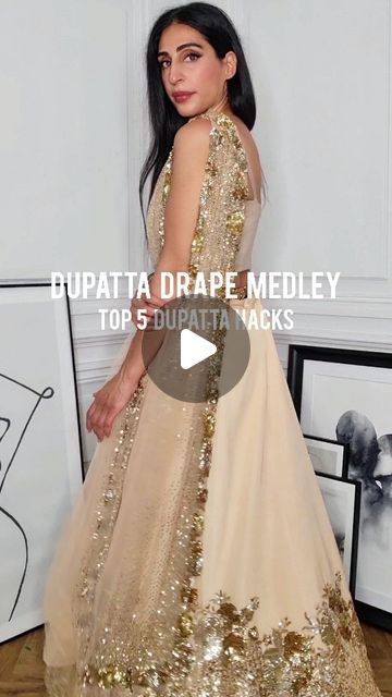 Sharara Draping Styles, Dupatta Into Cape, Dupatta Styling For Lehenga, Dupatta Draping Like Jacket, Dupatta Draping Styles For Sangeet, Western Dupatta Style, Western Dress With Dupatta, One Shoulder Dupatta Drape, Ways To Drape A Dupatta