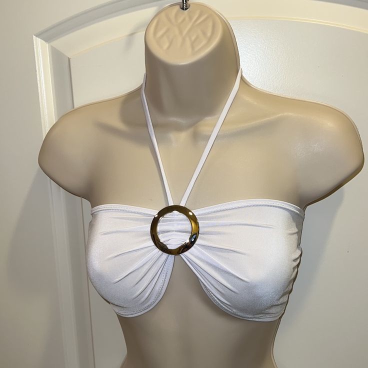 New, White With A Silver”O” Ring Also Has Neck Straps For Added Styling Summer White Halter Top For Party, Elegant White Halter Top For Vacation, Adjustable White Halter Top For Summer, Elegant White Halter Top For The Beach, Cheap Sleeveless Y2k Tube Top, Y2k Tops With Built-in Bra For Night Out, Heart Ring Crop Top, Y2k Top With Built-in Bra And Tank Straps, White Fitted Y2k Tube Top