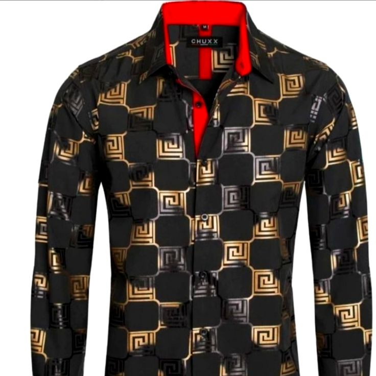 Black Long-Sleeved Shirt With Gold Accents. Gold Long Sleeve Shirt With Graphic Print, Gold Long Sleeve Cotton Shirt, Black Collared Shirt With Graphic Print, Black Formal Shirt With Graphic Print, Black Button-up Shirt For Fall, Black Shirt With Casual Collar For Fall, Black Fitted Shirt With Casual Collar, Black Button-up Party Top, Black Button-up Top For Party