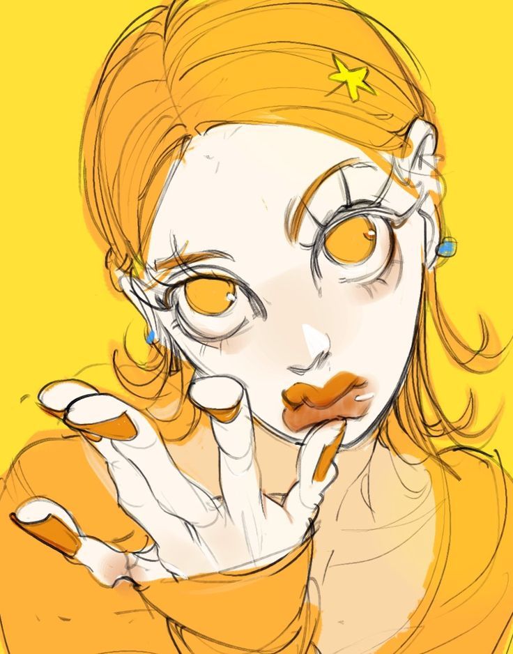 a drawing of a woman with yellow eyes and orange hair, holding her hand to her mouth