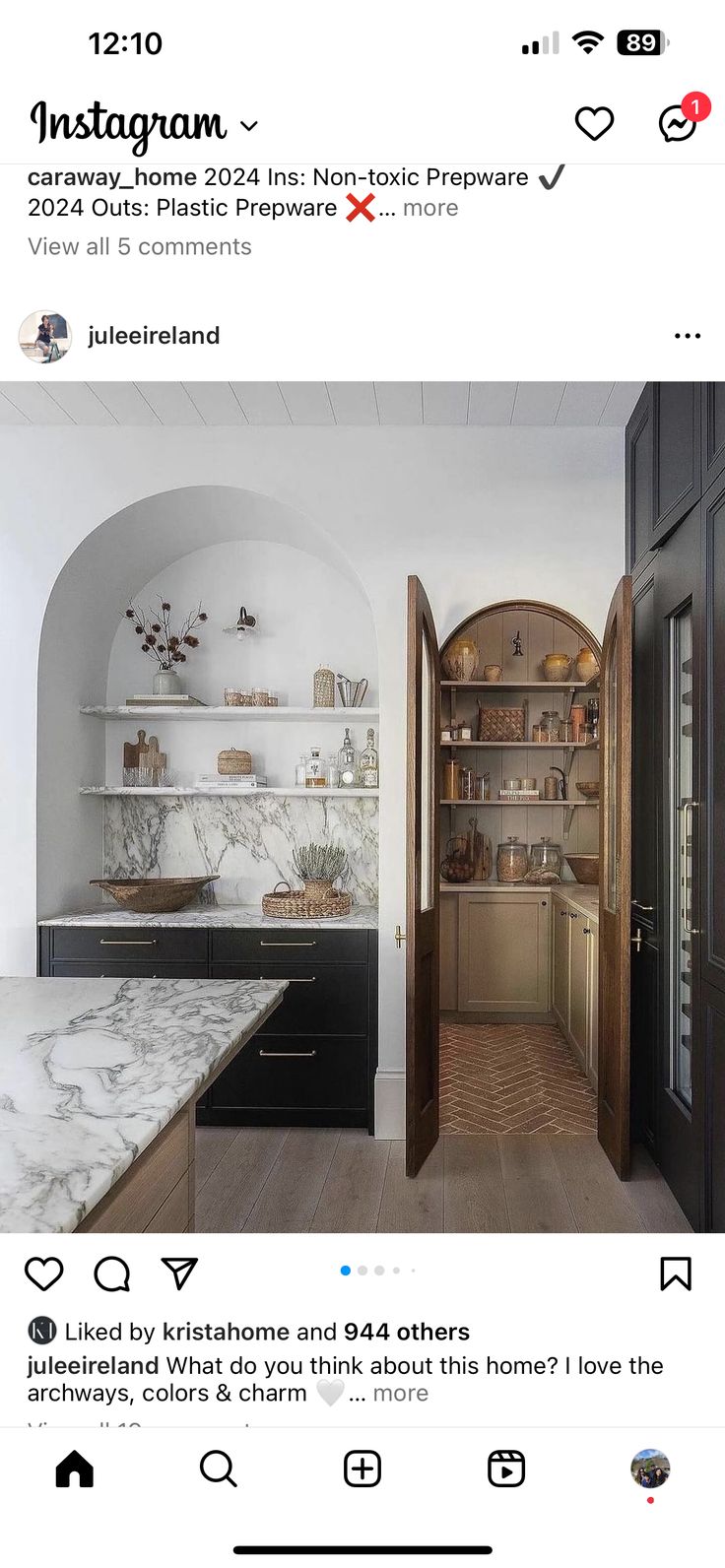 an instagramted photo of a kitchen with marble counter tops