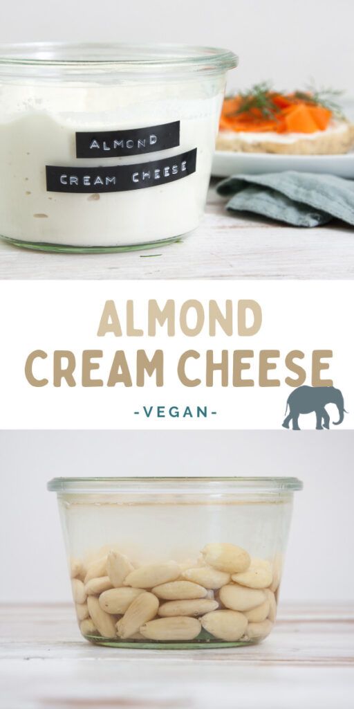 almond cream cheese in a glass bowl with the words almond cream cheese vegan above it