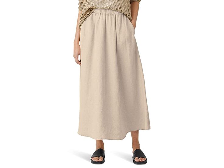 Eileen Fisher Gathered Skirt - Women's Skirt : Undyed Natural : Amplify your casual look with elegance wearing the EILEEN FISHER Gathered Skirt. Elasticized waistband. Side pocket for added convenience. Hits above the ankle. Pullover style. 100% linen. Machine wash, tumble dry. Made in The USA. Measurements: Skirt Length: 35 in Waist Measurement: 30 in Product measurements were taken using size 2XS. Please note that measurements may vary by size. Long Skirt With Pockets For Daywear, Casual Long Skirt For Daywear, Versatile Relaxed Skirt For Summer, Casual Long Skirt With Side Pockets, Versatile Long Skirt With Relaxed Fit, Beach Linen Skirt With Elastic Waistband, Versatile Beige Linen Bottoms, Summer Linen Flowy Skirt, Relaxed Linen Skirt For Beach