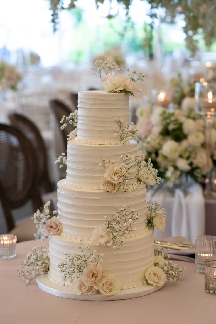 a white wedding cake sitting on top of a table