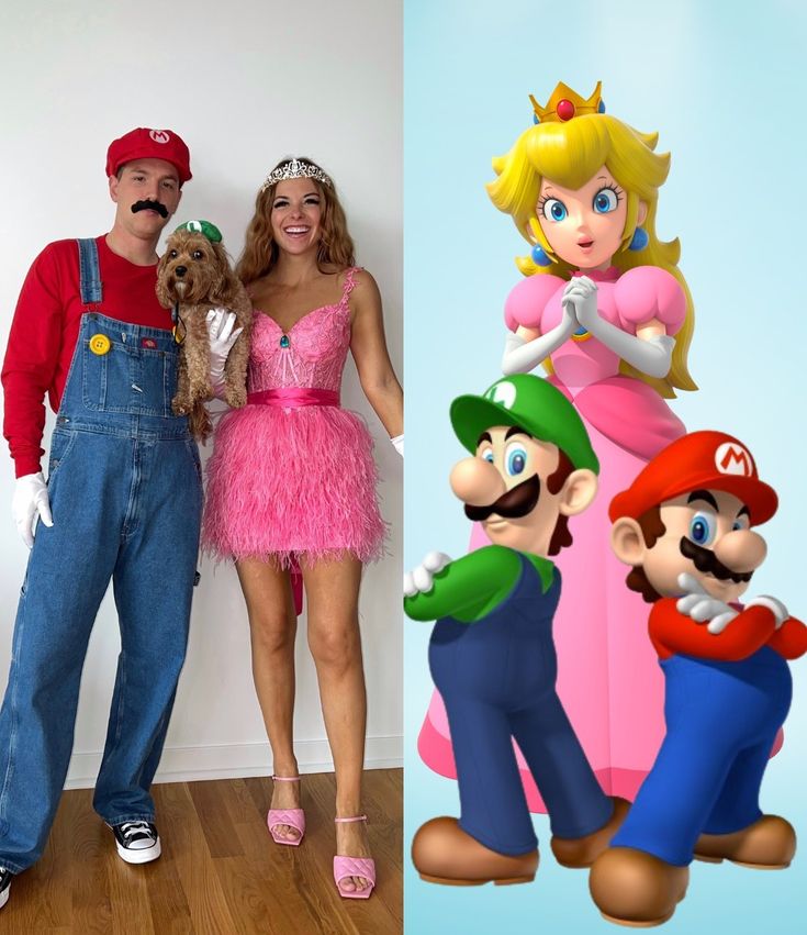 there are two people dressed up as mario and princess peach, the man is holding a dog