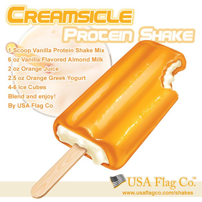 an orange flavored ice cream popsicle on a wooden stick with the words creamsice shake below it