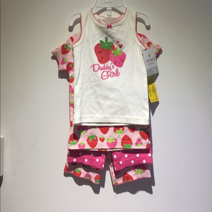 Carters Daddy’s Girl Strawberry 4pc Pajama Set Nwt 18 Months 1 Tank Top 1 T-Shirt 2 Shorts White Fitted Sweet Set, Cotton Short Set For Bedtime In Spring, Sweet White Fitted Sets, Cute Short Sleeve Bedtime Sets, Cute Bedtime Sets With Short Sleeve, White Short Set For Pajama Party In Spring, Cute White Cotton Sets, White Short Set For Spring Pajama Party, Playful Fitted Sets For Sleepovers