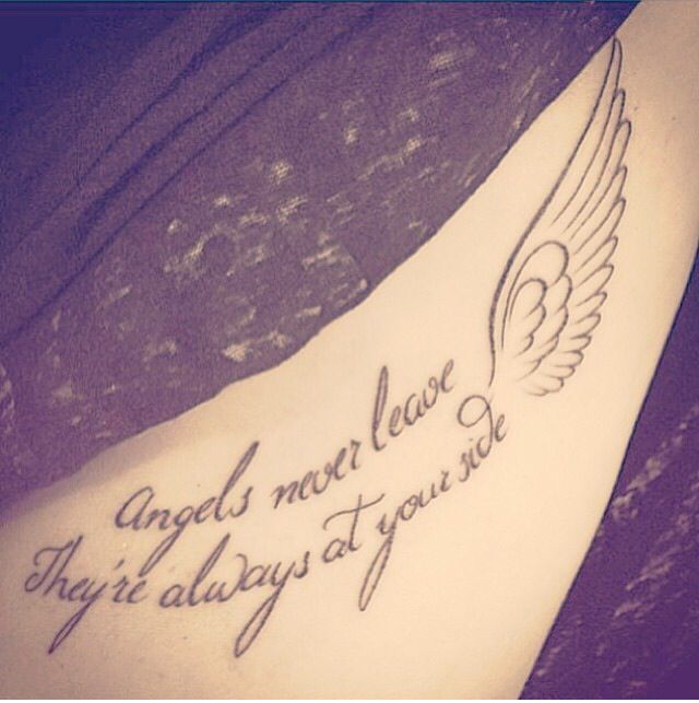 a woman's lower leg with an angel tattoo on it that says angels may not fly, they're always at your feet