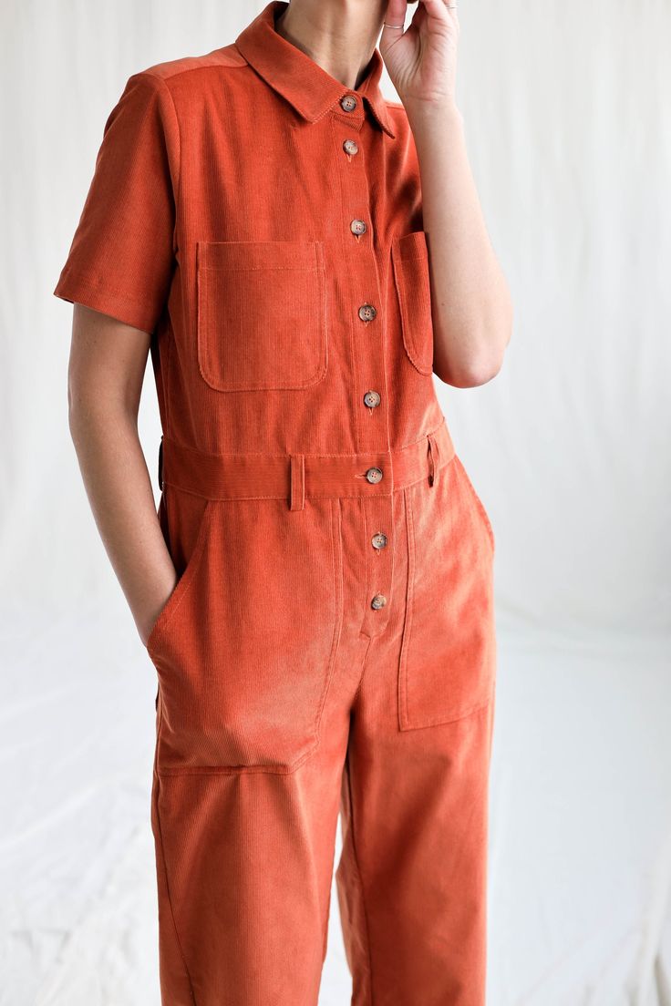 "We believe in handmade! Every piece is dedicated and made to the person who ordered it by using old traditional skills. About the jumpsuit: Jumpsuit made soft needle cord fabric. Vintage cut with a modern touch, perfect for everyday wear with your favorite sneakers or boots. *All our jumpsuits are made to order, therefore we can easily adjust torso and inseam lengths based on your height measurement. * Handmade in our studio * Pointed shirt collar * Loose and relaxed fit with button placket at Orange Jumpsuit, Short Sleeve Jumpsuit, Height Measurement, Womens Jumpsuits, Corduroy Shorts, Jumpsuit Outfit, Short Sleeve Jumpsuits, Jumpsuit With Sleeves, How To Make Shorts