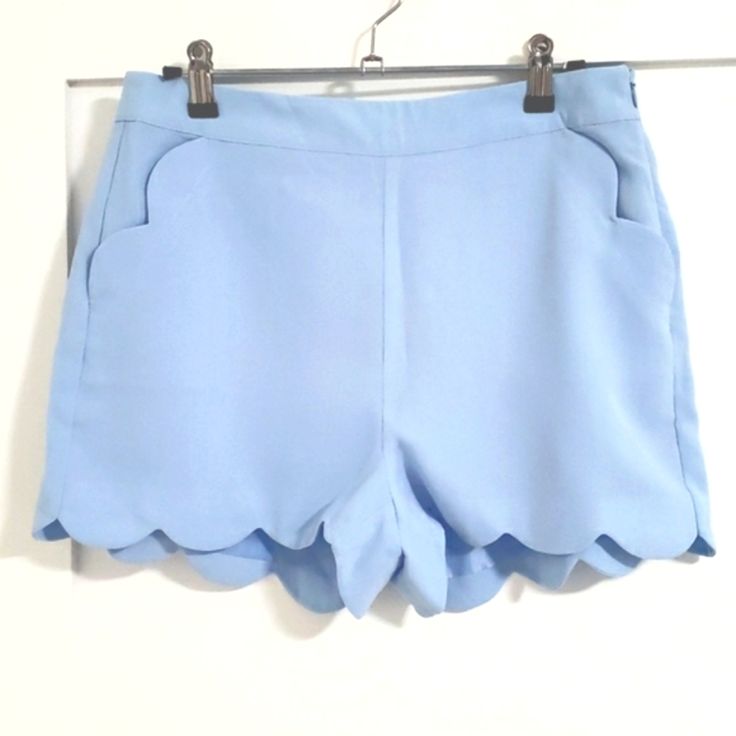 Light/Sky/Hydrangea Blue Two Side Pockets Side Zipper Waist 15 1/2" When Laid Flat Length: 13 1/2" Fitted Blue Summer Shorts, Light Blue Fitted Shorts For Spring, Fitted Light Blue Shorts For Spring, Blue Spring Shorts, Spring High-waisted Blue Shorts, Fitted Blue Shorts For Summer, Chic Light Blue Shorts For Spring, Chic Light Blue Spring Shorts, High Waist Blue Shorts For Spring