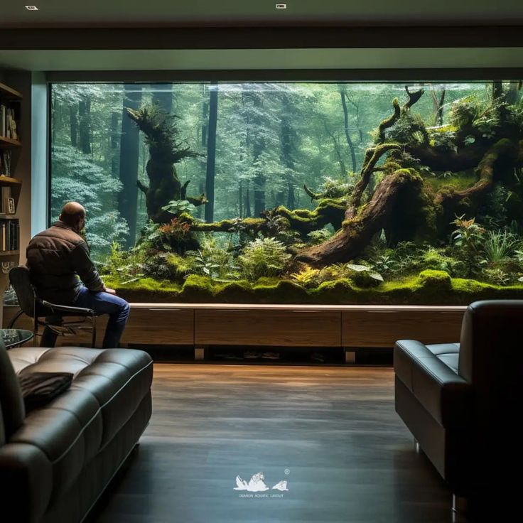 a man sitting on a couch in front of a fish tank filled with plants and trees