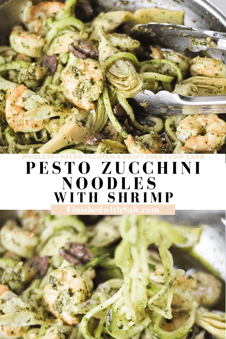 shrimp and pesto stir - fry with noodles in a skillet