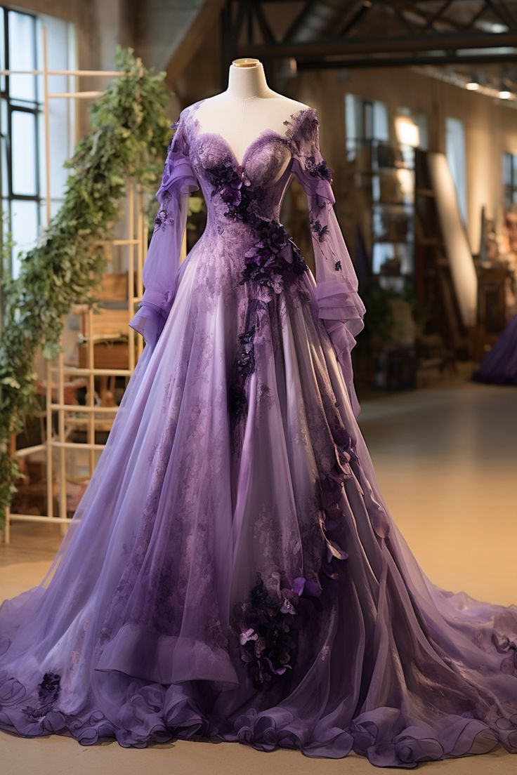 Lavender flower inspired gown Purple Floral Dress Long, Purple Fantasy Dress, Gown Dress Design, Dress Design Ideas, Cassie Howard, Fairy Gown, Oc Fashion, Dark Purple Dresses, Purple Wedding Dress