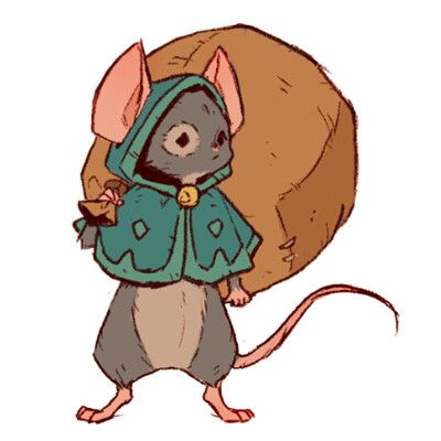 a cartoon mouse wearing a green jacket and carrying a sack on its back with one foot