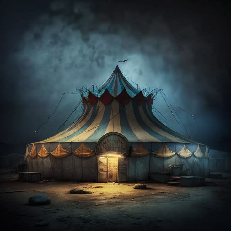 a large circus tent sitting in the middle of a dirt field under a cloudy sky