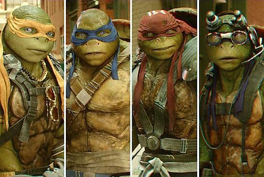 four different pictures of teenaged turtles in costumes, one with glasses and the other without