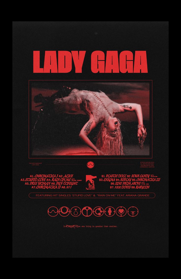 the poster for lady gaga is shown in red and black, with an image of a