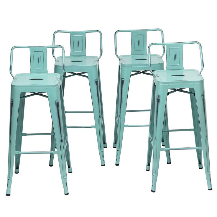 four metal stools with arms and backrests are shown in three different colors