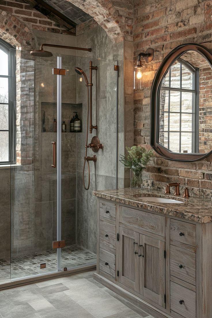 a bathroom with a sink, shower and large mirror in the middle of the room