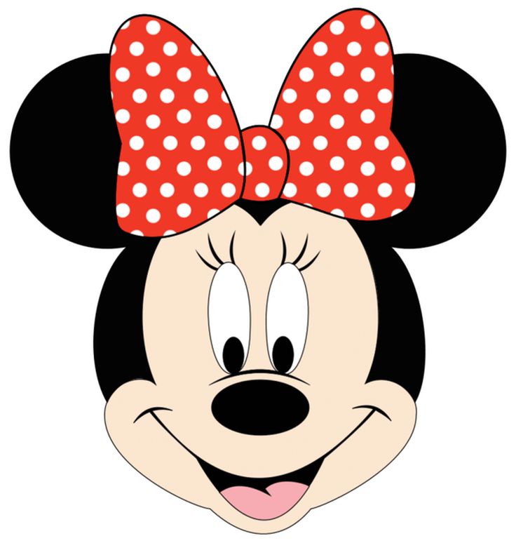 minnie mouse face with red and white polka dots on it's head, smiling