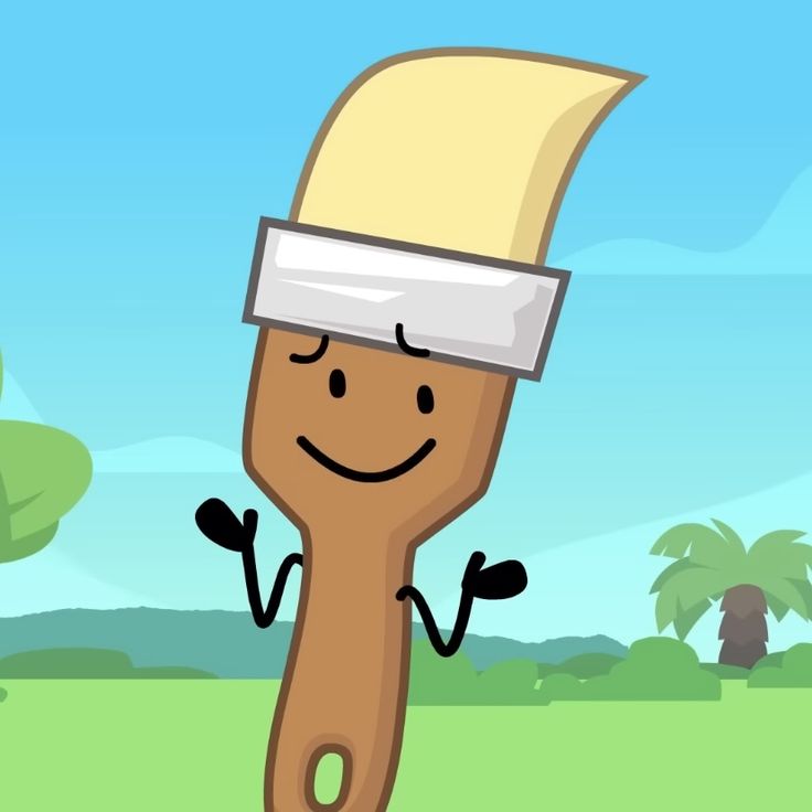 a cartoon character holding up a paintbrush in front of some trees and grass with one hand