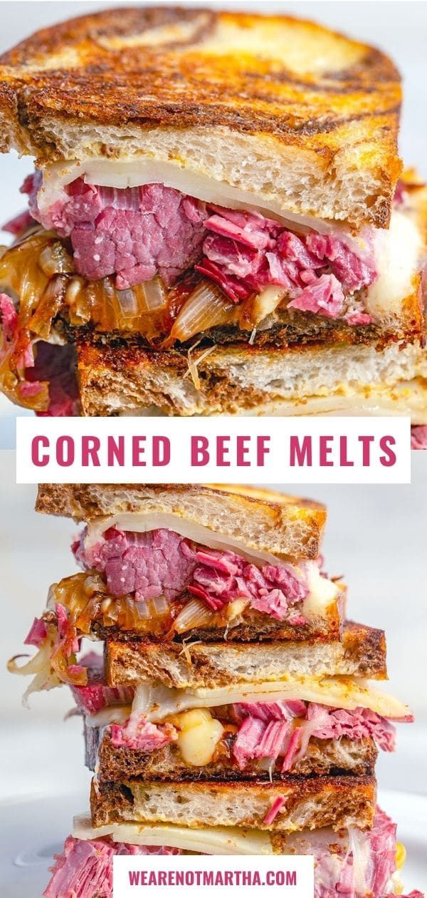 corned beef melts sandwich stacked on top of each other